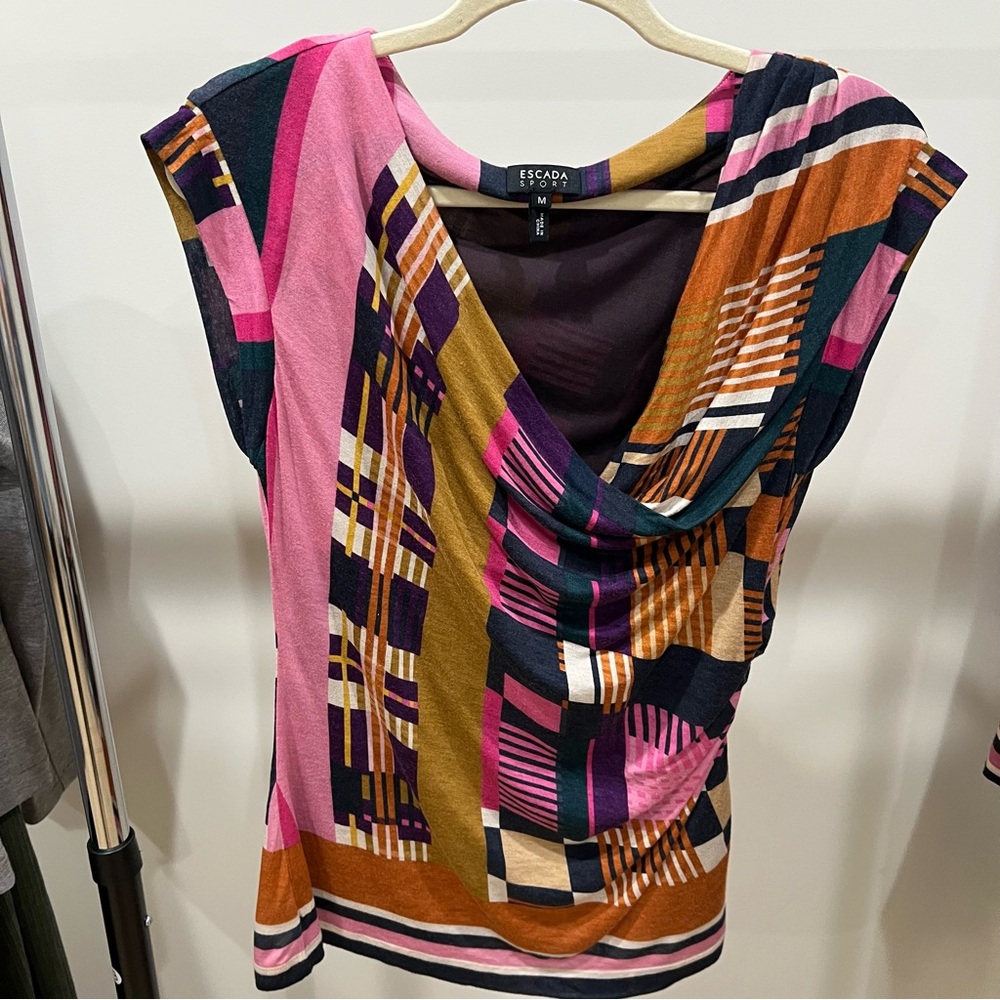 Escada Multicolor Geometric Cowl Neck Sleeveless Top and Skirt (Two-Piece)